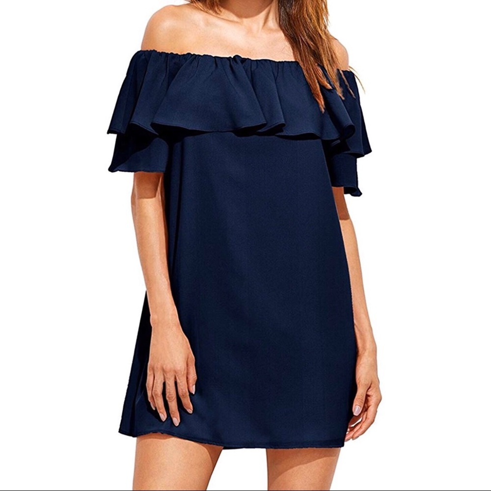 Women's Navy Off The Shoulder Ruffled Mini Dress